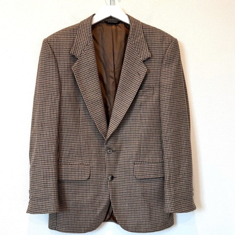 Vintage 80s Neiman Marcus 100% Pure Wool Brown Houndstooth Tweed Blazer Jacket